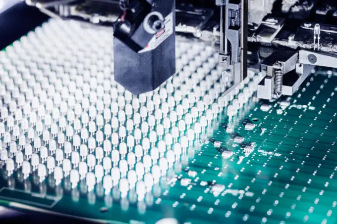 Detailaufnahme: Automatisierte Bestückung einer Platine in der Elektronikfertigung.