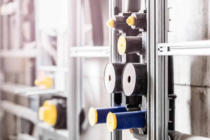 Detailaufnahme von industriellen Rohrleitungen mit gelben Akzenten.