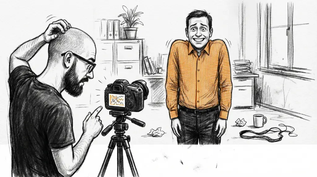 Eine Zeichnung zeigt einen Fotografen, der ratlos auf sein Kameradisplay blickt, während er einen Mann in einem fein gemusterten Hemd filmt, das Bildstörungen verursacht.
