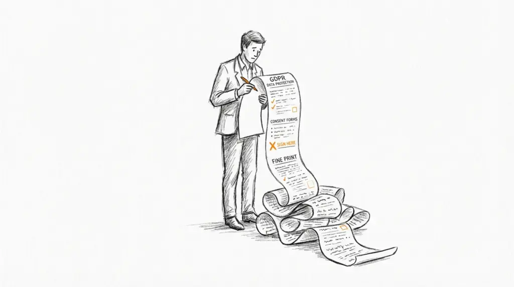 Zeichnung eines Mannes im Anzug, der eine überlange Papierrolle mit den Aufschriften GDPR und Consent Forms sowie Kleingedrucktem betrachtet.