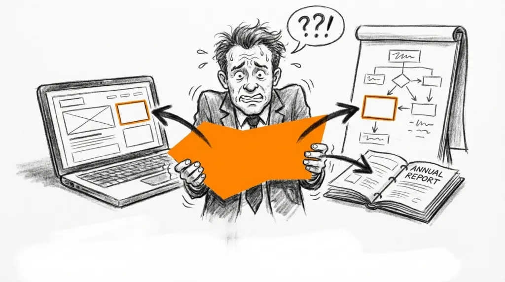 Zeichnung eines gestressten Mannes im Anzug, der ein oranges Dokument hält, von dem Pfeile zu Laptop, Flipchart und Geschäftsbericht zeigen