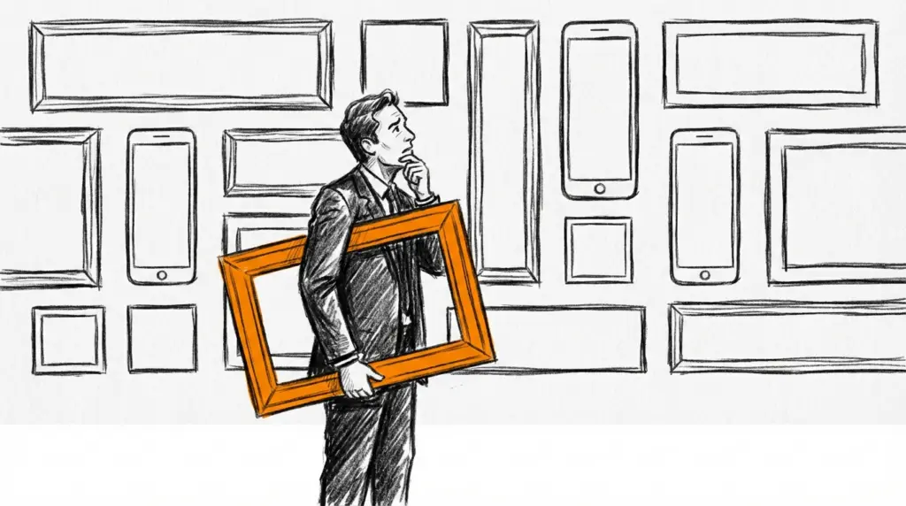 Eine Skizze eines Mannes im Anzug, der einen orangen Rahmen hält und nachdenklich auf eine Wand mit verschiedenen Bilderrahmen und Smartphone-Umrissen blickt.