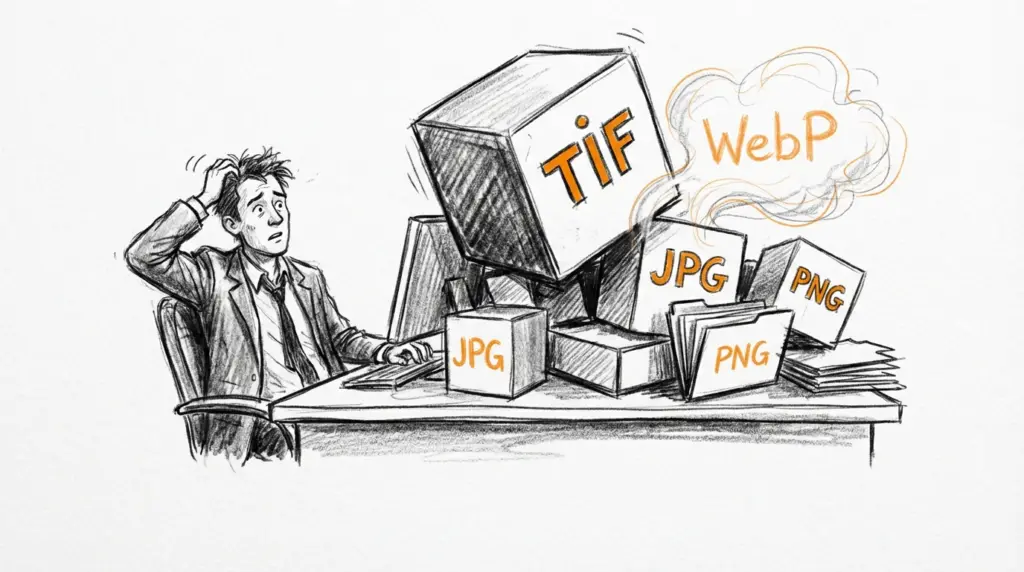 Eine Zeichnung eines verwirrten Mannes am Schreibtisch, umgeben von schwebenden Boxen und Wolken mit den Aufschriften TIF, JPG, PNG und WebP.